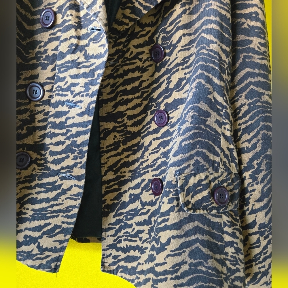 Dana Taylor Safari Style Jacket Tan Black Tiger Print XL Double Breasted - Picture 5 of 6